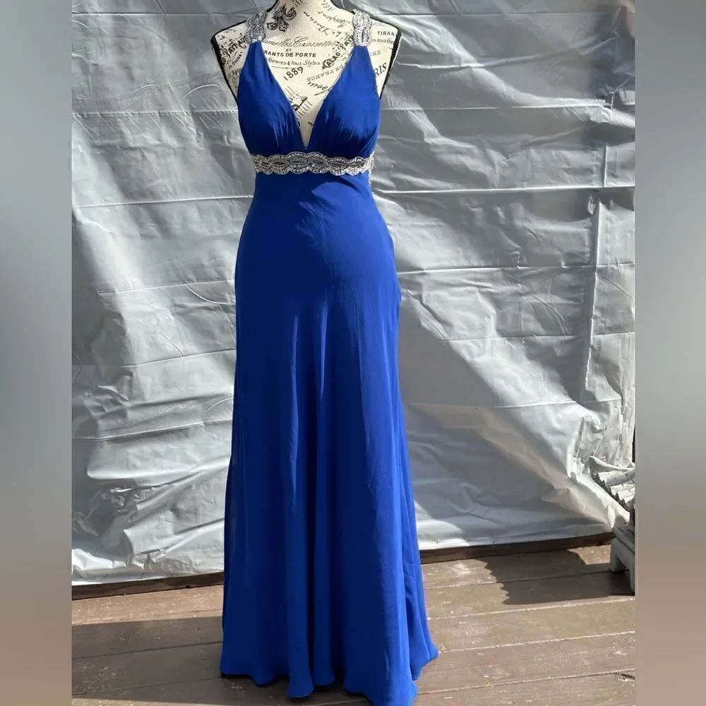 Faypana Couture Royal blue halter plunging back gown. CrissCross back. guarantee